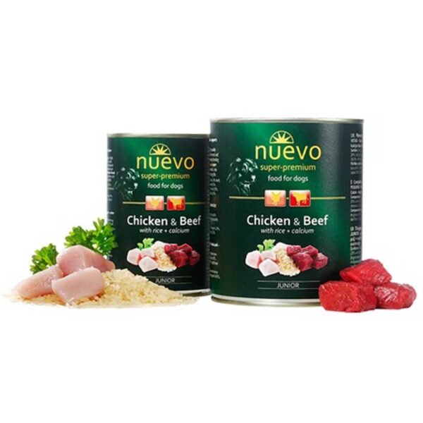 Корм конс NUEVO JUNIOR з куркою яловичиною та рисом + кальцій для цуценят