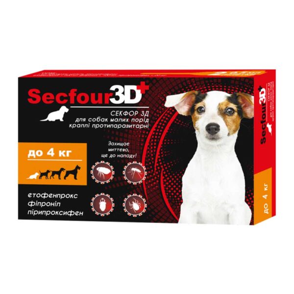 Краплі Secfour 3D для собак 0.5 мл до 4 кг 2 піп/уп. (етофенпрокс/фіпроніл/пірипроксифен).захист від бліх і кліщів 4 тиж