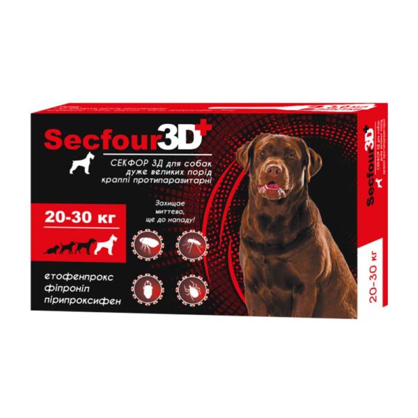 Краплі Secfour 3D для собак 3 мл 20-30 кг 2 піп/уп. (етофенпрокс/фіпроніл/пірипроксифен).захист від бліх і кліщів 4 тиж