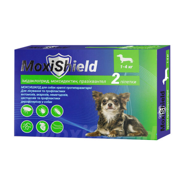 Краплі MoxiShield для собак протипаразит 1-4 кг 0.6 мл. 2 піп/уп (імідалоприд.моксидектин.празіквантел) 4 тиж