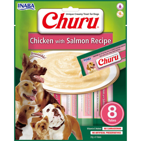 Ласощі INABA "Churu" для собак вершковий мус в стіках курка/лосось 8*20 г