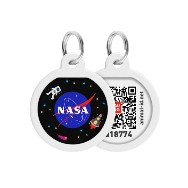 Адресник для собак та котів металічний WAUDOG Smart ID з QR паспортом малюнок "NASA", круг, Д 25 мм