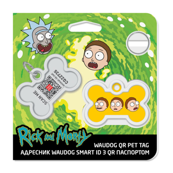 Адресник для собак і котів металевий WAUDOG Smart ID з QR паспортом малюнок "Рік та Морті 2", кістка, Д 40 мм, Ш 28 мм - Image 4