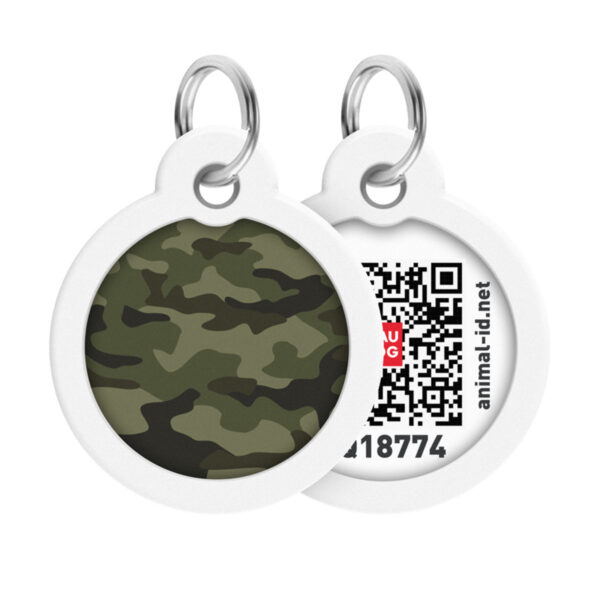 Адресник для собак і котів металевий WAUDOG Smart ID з QR паспортом малюнок "Камо зелений", коло, Д 30 мм