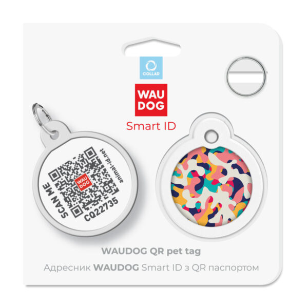 Адресник для собак і котів металевий WAUDOG Smart ID з QR паспортом малюнок "Камо різнокольоровий", коло, Д 30 мм - Image 5