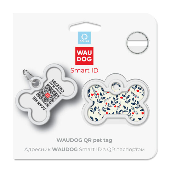 Адресник для собак і котів металевий WAUDOG Smart ID з QR паспортом малюнок "Рослини", кістка, Д 40 мм, Ш 28 мм - Image 5