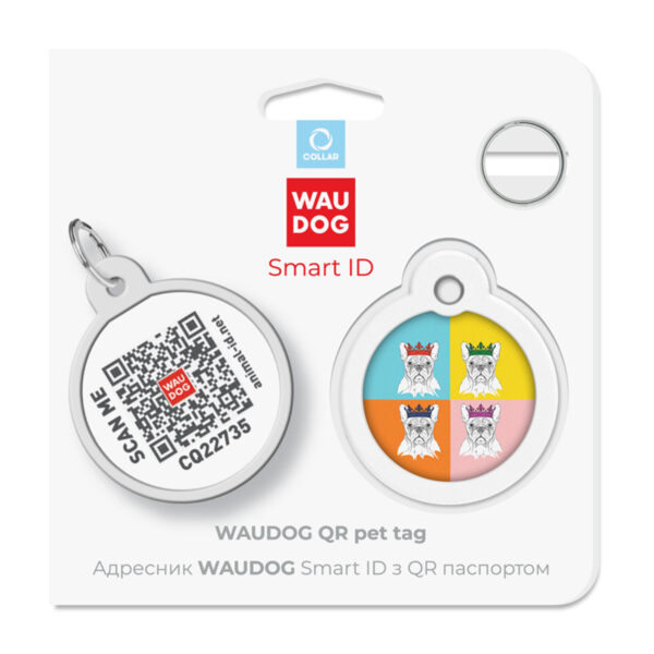 Адресник для собак і котів металевий WAUDOG Smart ID з QR паспортом малюнок "Французький бульдог", коло, Д 30 мм - Image 5