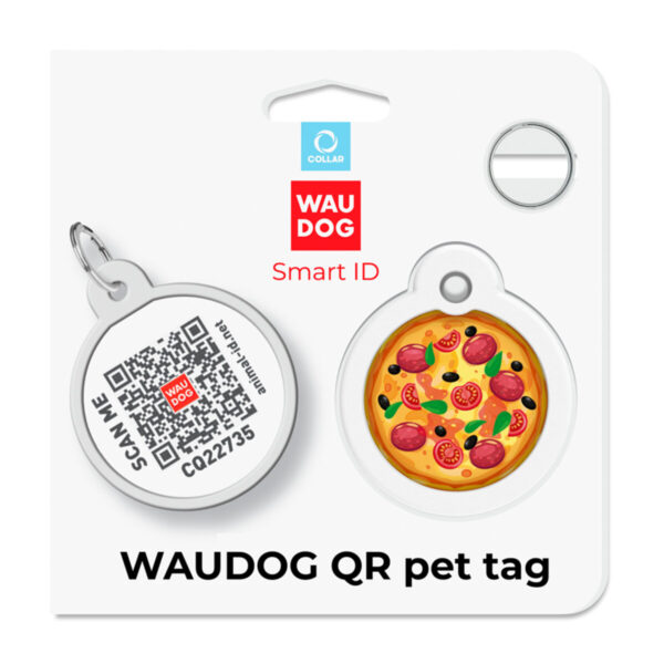 Адресник для собак і котів металевий WAUDOG Smart ID з QR паспортом малюнок "Піца", коло, Д 30 мм - Image 4