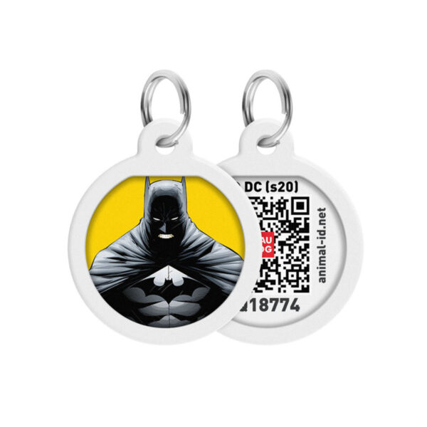 Адресник для собак та котів металічний WAUDOG Smart ID з QR паспортом малюнок "Бетмен жовтий", круг, Д 25 мм
