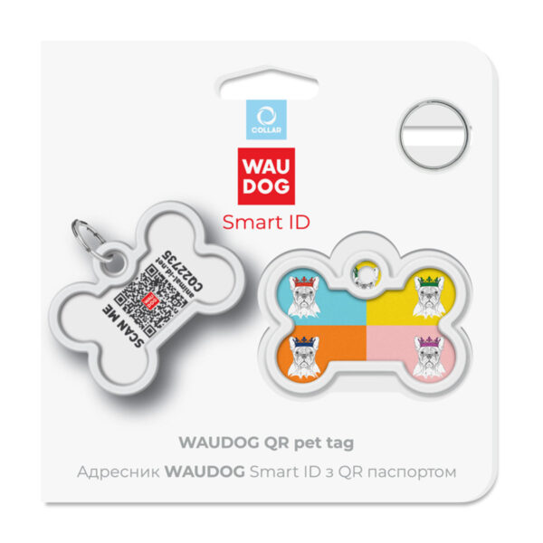 Адресник для собак і котів металевий WAUDOG Smart ID з QR паспортом малюнок "Французький бульдог", кістка, Д 40 мм, Ш 28 мм - Image 5