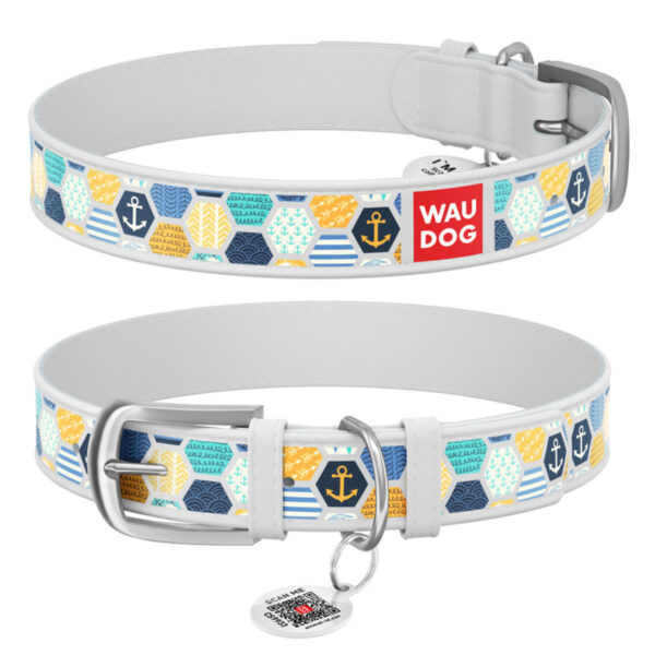 Нашийник WAUDOG Design з малюнком "Морський 2" преміум шкіра - металева пряжка