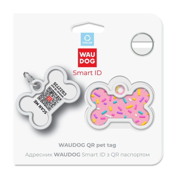 Адресник для собак і котів металевий WAUDOG Smart ID з QR паспортом малюнок "Маршмеллоу", кістка, Д 40 мм, Ш 28 мм - Image 5
