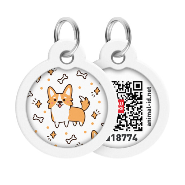 Адресник для собак і котів металевий WAUDOG Smart ID з QR паспортом малюнок "Коргі", коло, Д 30 мм
