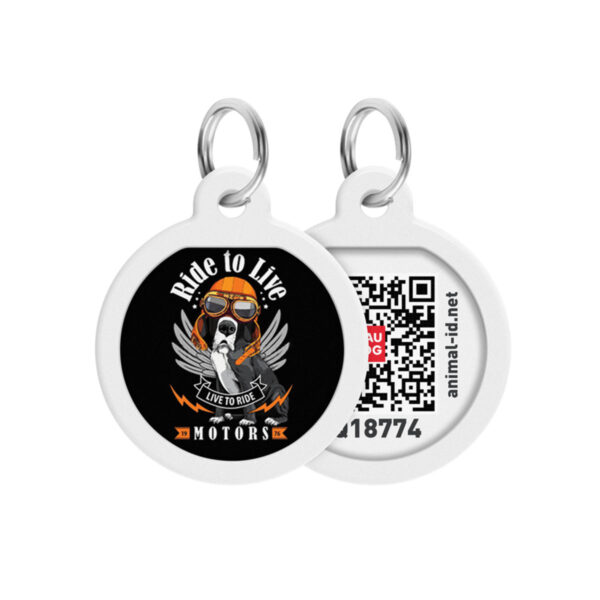 Адресник для собак та котів металічний WAUDOG Smart ID з QR паспортом малюнок "Їздити, щоб жити", круг, Д 25 мм