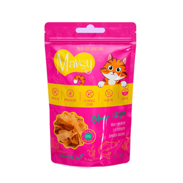 Mavsy-Mini Salmon Strips, 50 g   Мавси, Міні смужки з в'яленого дикого лосося для котів, 50 г